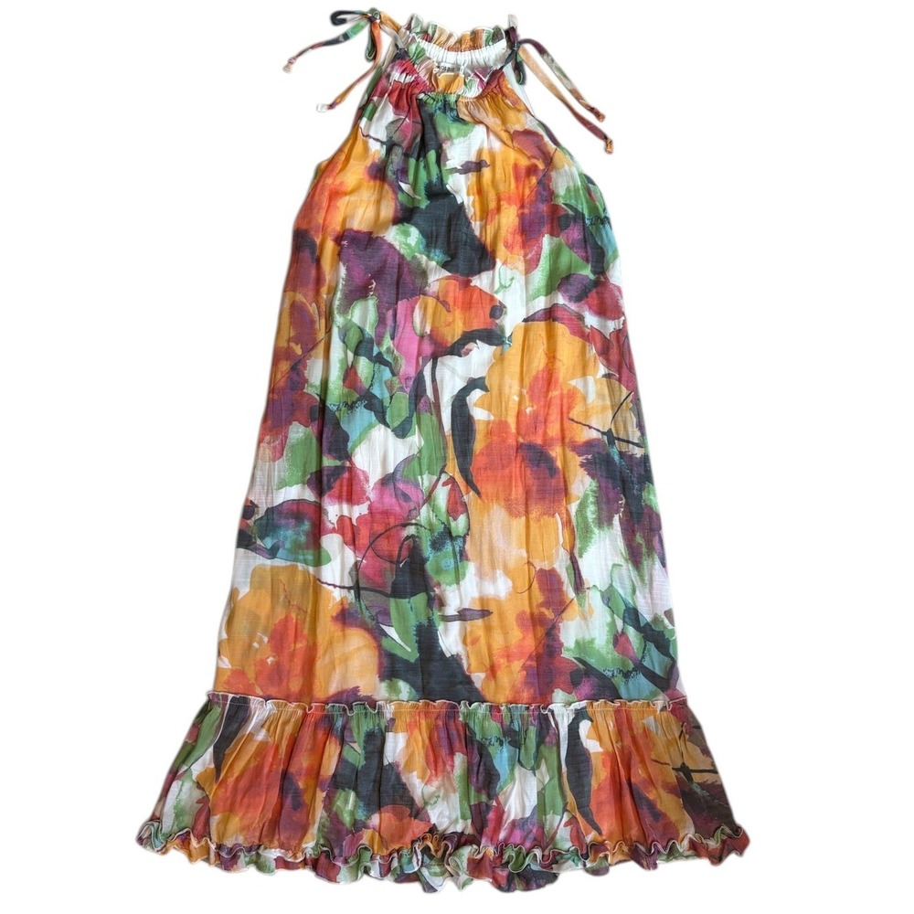 Robbie Bee Womens Large Floral Watercolor Halter Maxi Dress Ruffle Neck Orange L